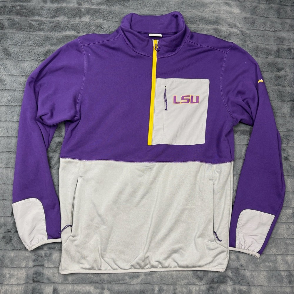 Columbia LSU Tigers Mens Large Quarter Zip Pullover Fleece Purple Grey XO3779